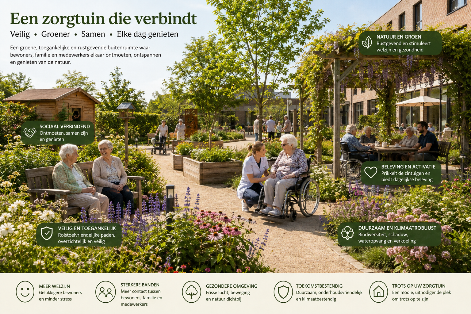 Zorgomgeving met wandelpad en bankjes