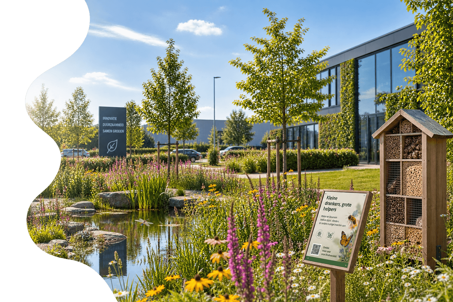 Verzorgde, biodiverse buitenomgeving bij een bedrijfsgebouw